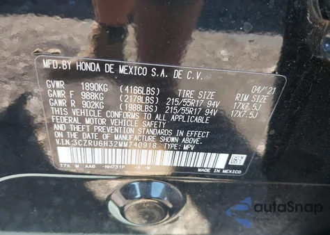 2021 Honda Hr-V Awd Lx from USA, damaged, VIN 3CZRU6H32MM740918